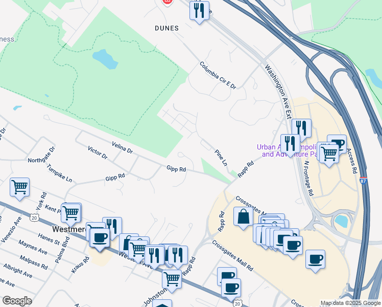 map of restaurants, bars, coffee shops, grocery stores, and more near 13 Wilan Lane in Albany