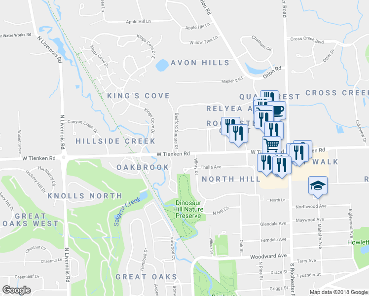 map of restaurants, bars, coffee shops, grocery stores, and more near 480 West Tienken Road in Rochester Hills