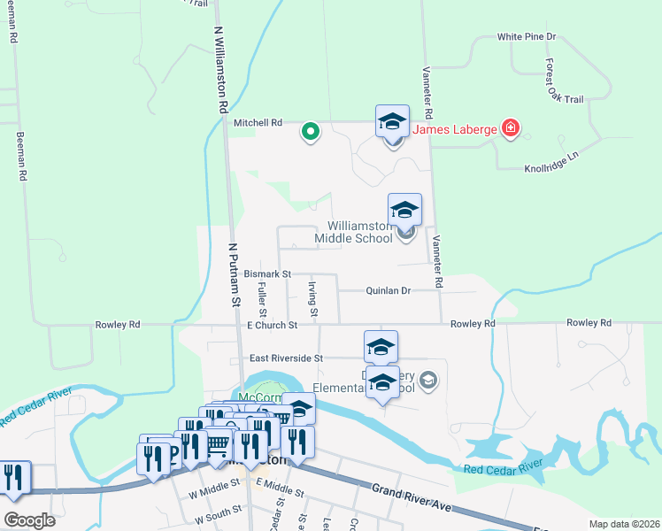 map of restaurants, bars, coffee shops, grocery stores, and more near 417 Bismark St in Williamston