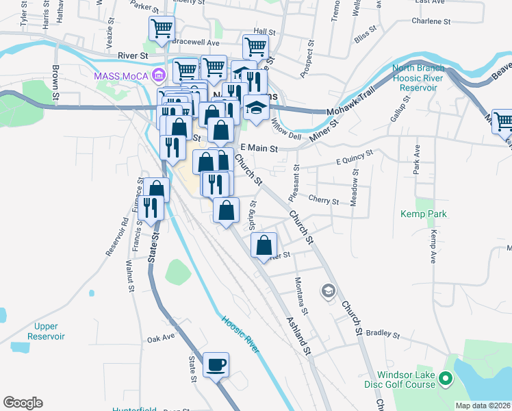 map of restaurants, bars, coffee shops, grocery stores, and more near 74 Chestnut Street in North Adams