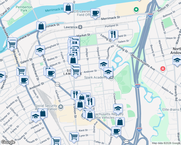 map of restaurants, bars, coffee shops, grocery stores, and more near 149 Andover Street in Lawrence
