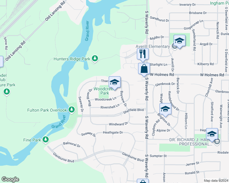 map of restaurants, bars, coffee shops, grocery stores, and more near 4000 Woodcreek Lane in Lansing