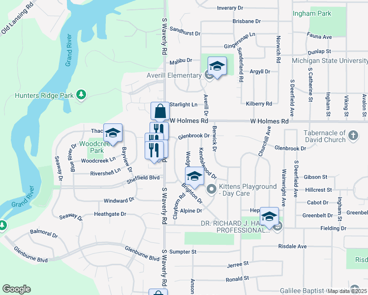 map of restaurants, bars, coffee shops, grocery stores, and more near 3516 Wedgewood Drive in Lansing