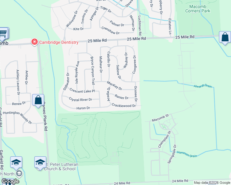 map of restaurants, bars, coffee shops, grocery stores, and more near 18257 Ranier Drive in Macomb