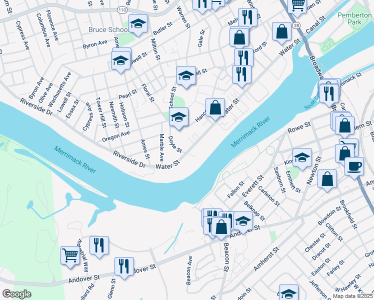 map of restaurants, bars, coffee shops, grocery stores, and more near 335 Water Street in Lawrence