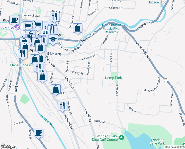map of restaurants, bars, coffee shops, grocery stores, and more near 77 Yale Street in North Adams