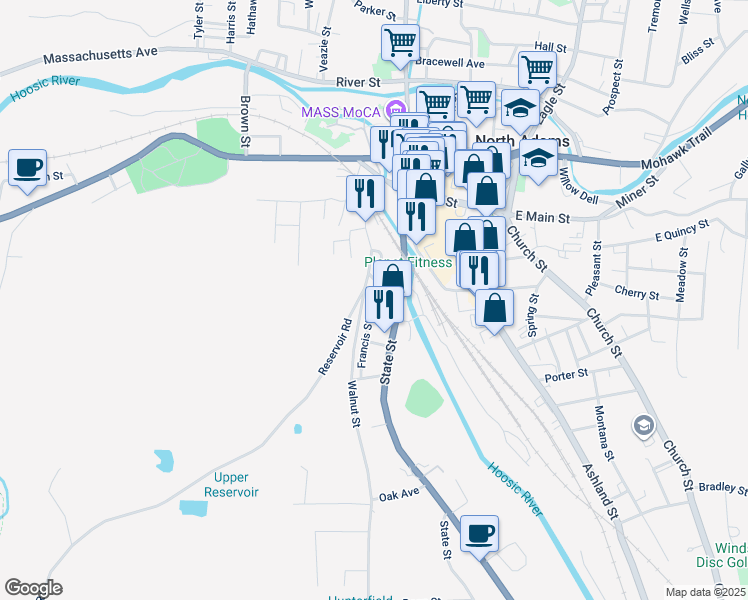 map of restaurants, bars, coffee shops, grocery stores, and more near 45-119 State Street in North Adams
