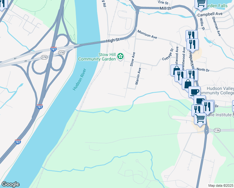 map of restaurants, bars, coffee shops, grocery stores, and more near 28 Maxwell Drive in Troy
