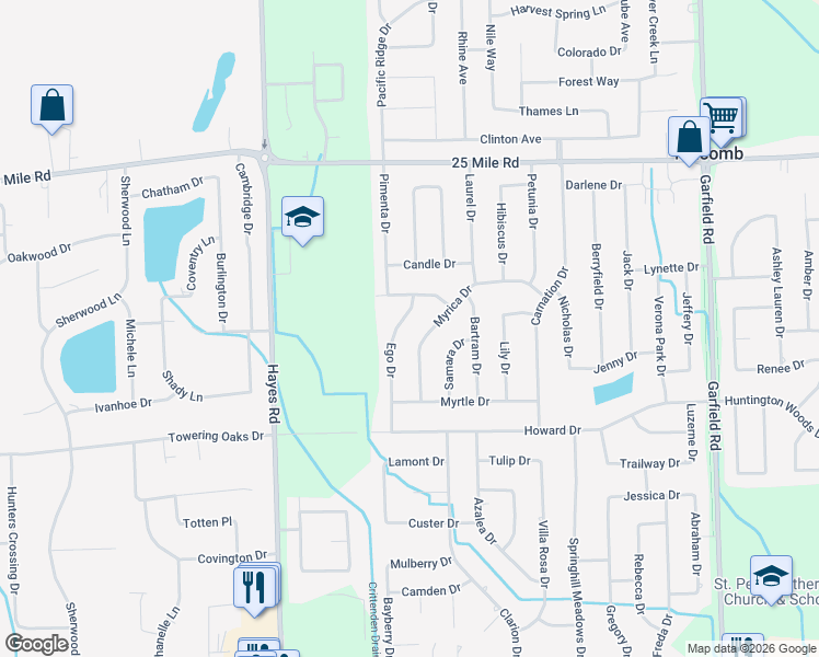 map of restaurants, bars, coffee shops, grocery stores, and more near 54358 Ego Dr in Macomb
