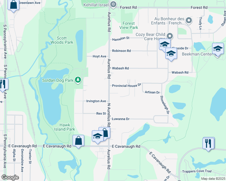 map of restaurants, bars, coffee shops, grocery stores, and more near in Lansing