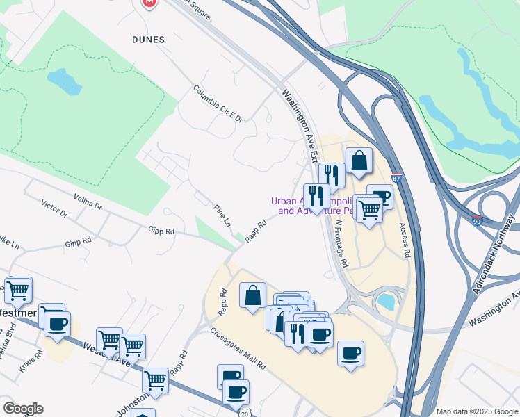 map of restaurants, bars, coffee shops, grocery stores, and more near 45 Rapp Road in Albany