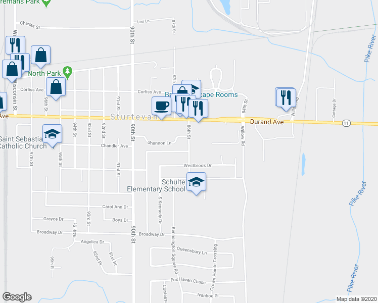 map of restaurants, bars, coffee shops, grocery stores, and more near 3106 86th Street in Sturtevant
