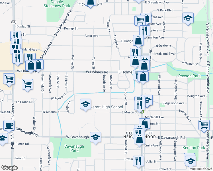 map of restaurants, bars, coffee shops, grocery stores, and more near 3515 Davidson Drive in Lansing