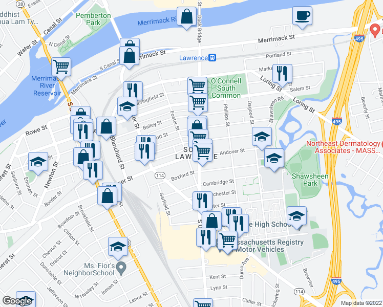 map of restaurants, bars, coffee shops, grocery stores, and more near 214 Andover Street in Lawrence