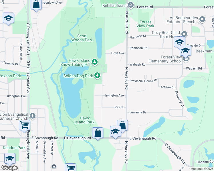 map of restaurants, bars, coffee shops, grocery stores, and more near 3517 Ruth Avenue in Lansing