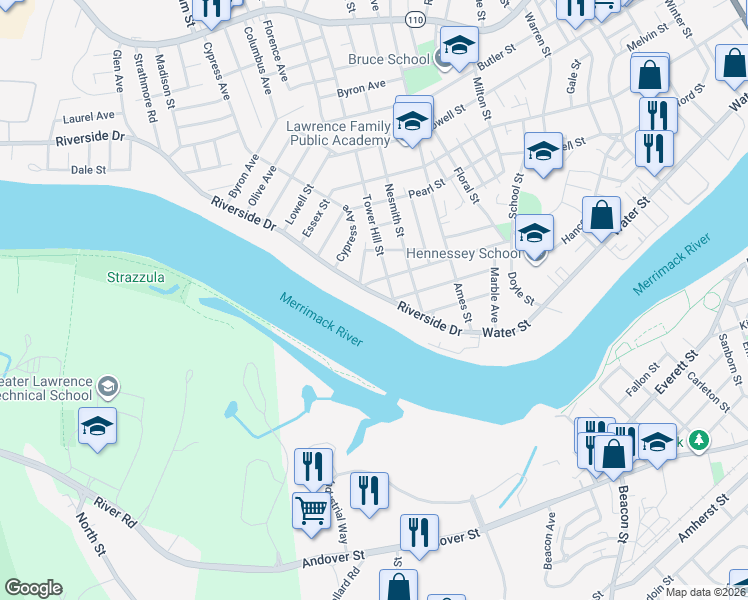 map of restaurants, bars, coffee shops, grocery stores, and more near 478 Riverside Drive in Lawrence