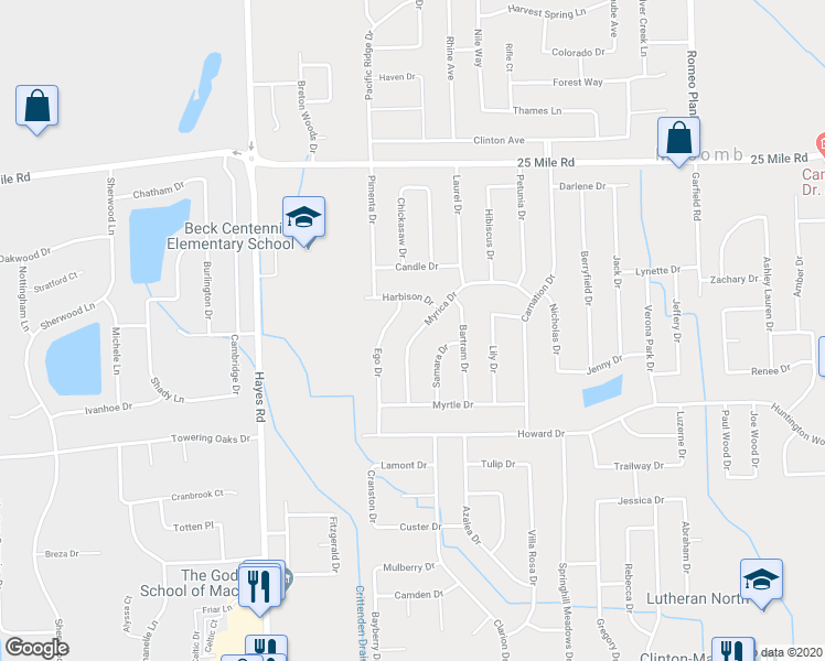 map of restaurants, bars, coffee shops, grocery stores, and more near 54327 Myrica Drive in Macomb