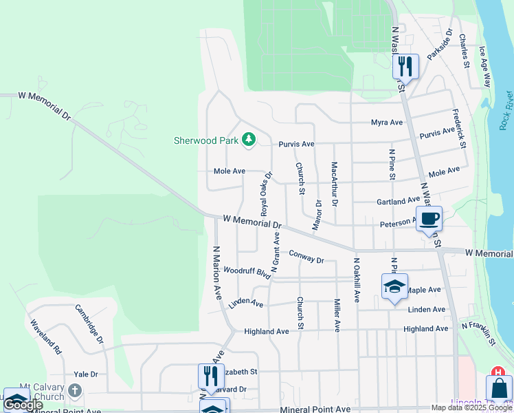 map of restaurants, bars, coffee shops, grocery stores, and more near 1122 North Osborne Avenue in Janesville