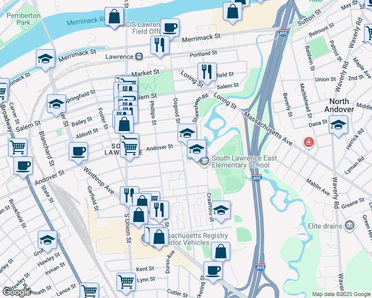 map of restaurants, bars, coffee shops, grocery stores, and more near 114 Osgood Street in Lawrence