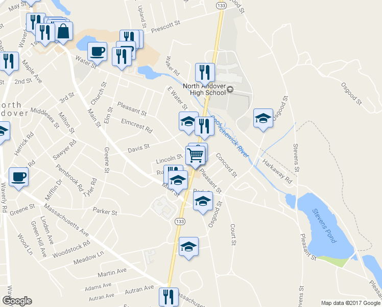 map of restaurants, bars, coffee shops, grocery stores, and more near 170 Pleasant Street in North Andover