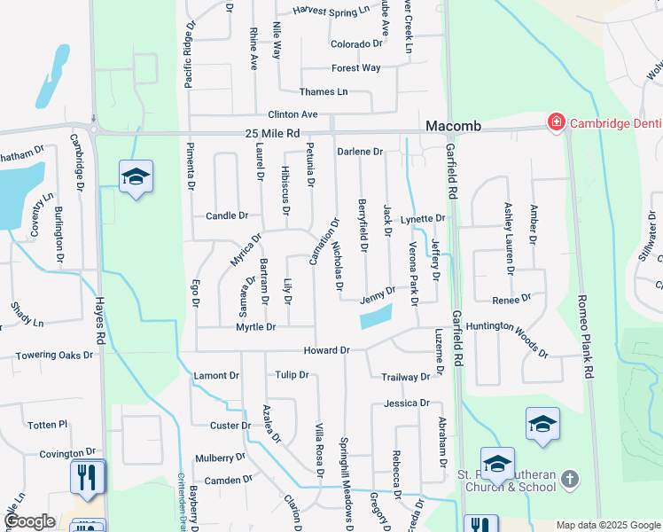map of restaurants, bars, coffee shops, grocery stores, and more near 54355 Nicholas Drive in Macomb