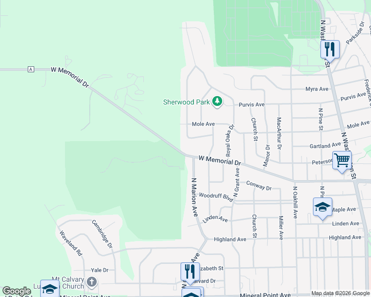 map of restaurants, bars, coffee shops, grocery stores, and more near 2530 West Memorial Drive in Janesville