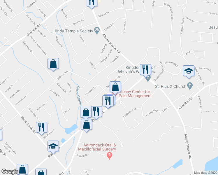 map of restaurants, bars, coffee shops, grocery stores, and more near 28 Wedgewood Drive in Albany