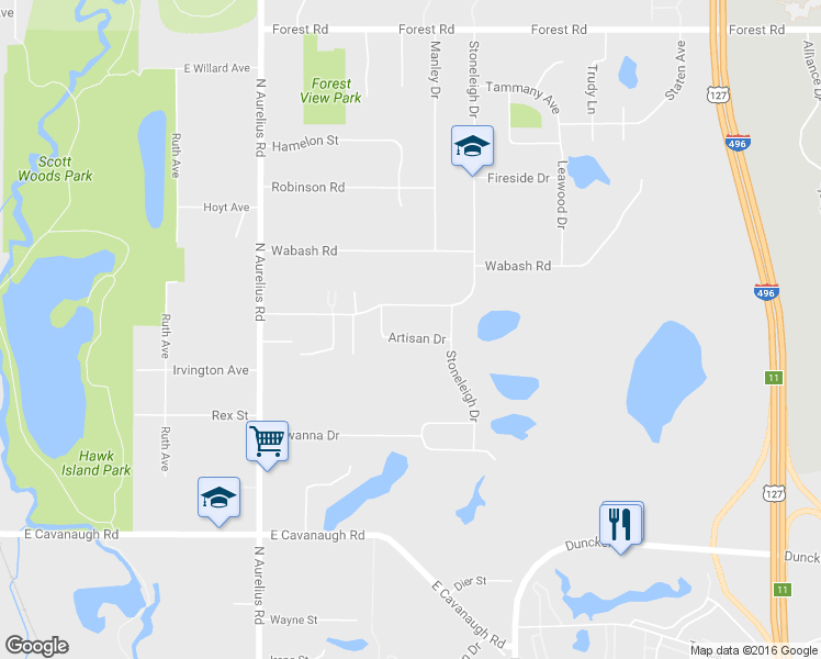 map of restaurants, bars, coffee shops, grocery stores, and more near 2429 Artisan Drive in Lansing