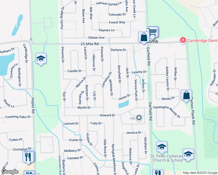 map of restaurants, bars, coffee shops, grocery stores, and more near 54355 Nicholas Drive in Macomb