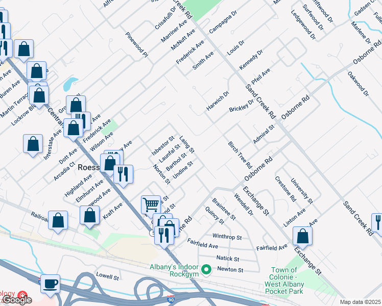 map of restaurants, bars, coffee shops, grocery stores, and more near 30 Barthol Street in Albany