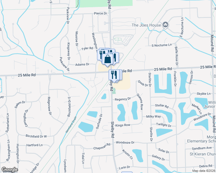 map of restaurants, bars, coffee shops, grocery stores, and more near 54935 Shelby Road in Shelby Township