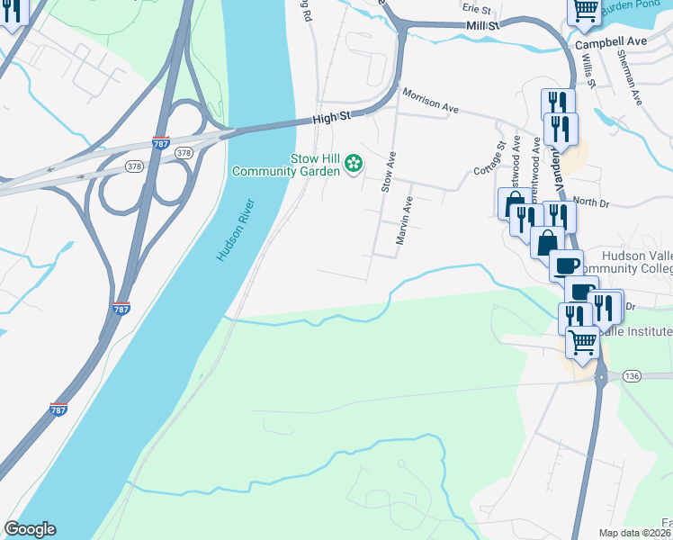 map of restaurants, bars, coffee shops, grocery stores, and more near 28 Maxwell Drive in Troy
