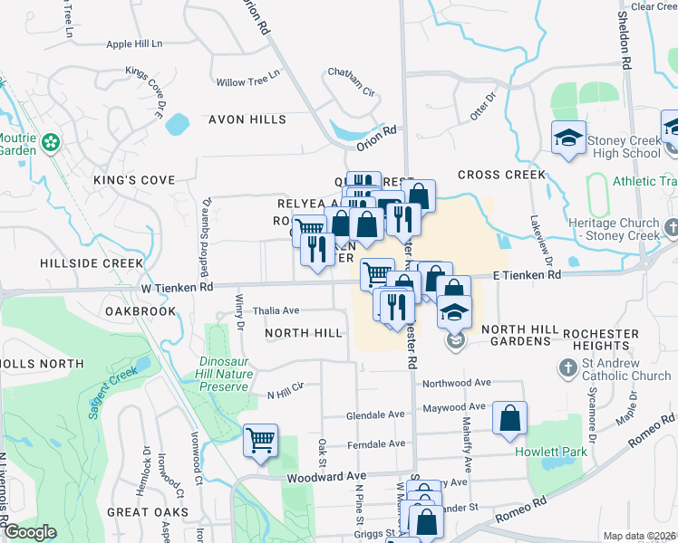 map of restaurants, bars, coffee shops, grocery stores, and more near 190 West Tienken Road in Rochester Hills