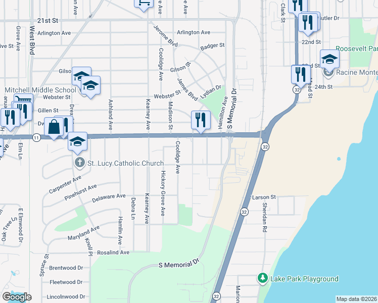 map of restaurants, bars, coffee shops, grocery stores, and more near 3034 Phillips Avenue in Mount Pleasant