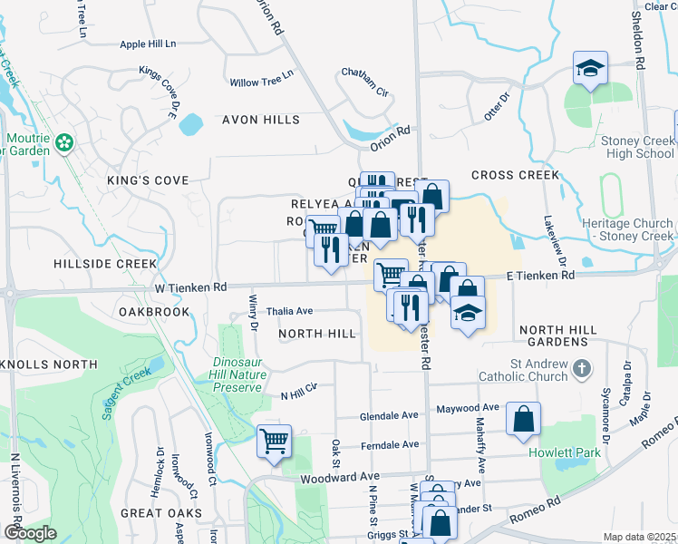 map of restaurants, bars, coffee shops, grocery stores, and more near 292 West Tienken Road in Rochester Hills