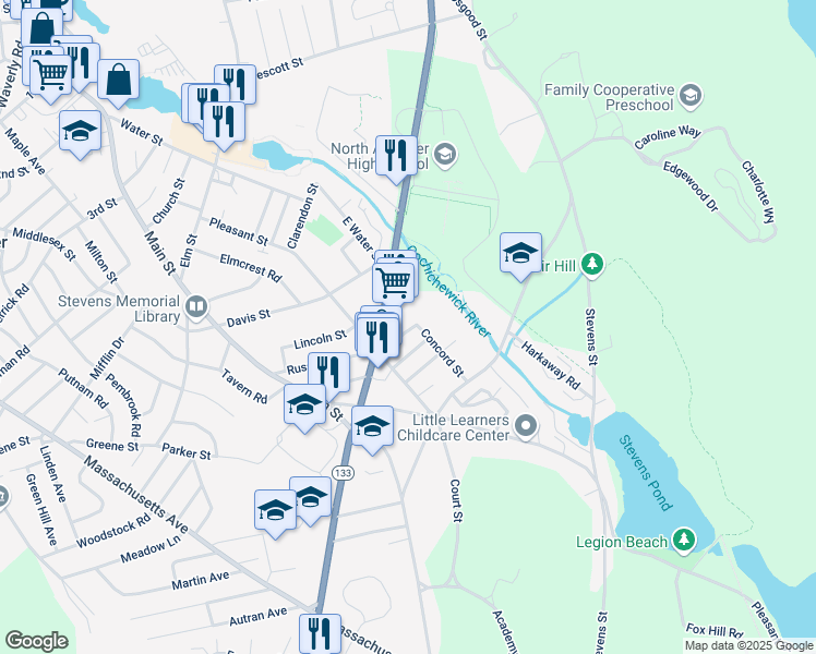 map of restaurants, bars, coffee shops, grocery stores, and more near 30 Bunkerhill Street in North Andover