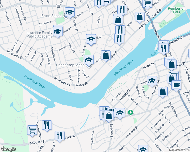 map of restaurants, bars, coffee shops, grocery stores, and more near 335 Water Street in Lawrence