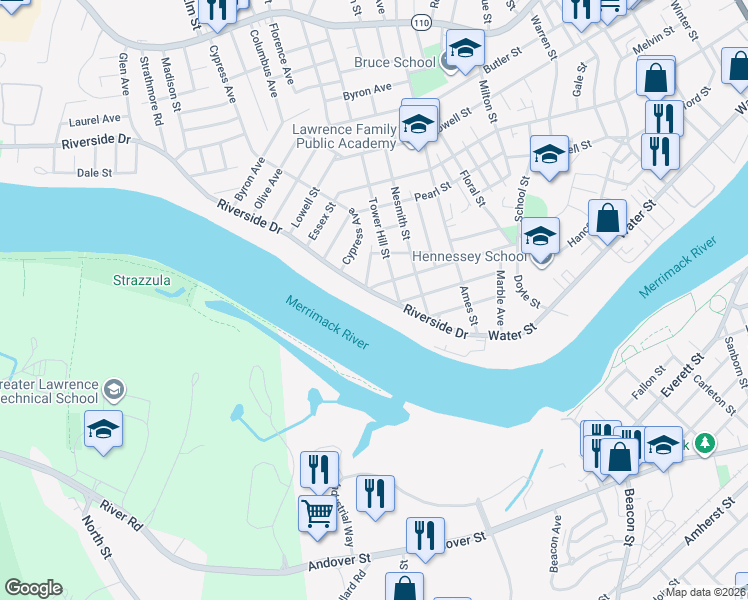 map of restaurants, bars, coffee shops, grocery stores, and more near 478 Riverside Drive in Lawrence