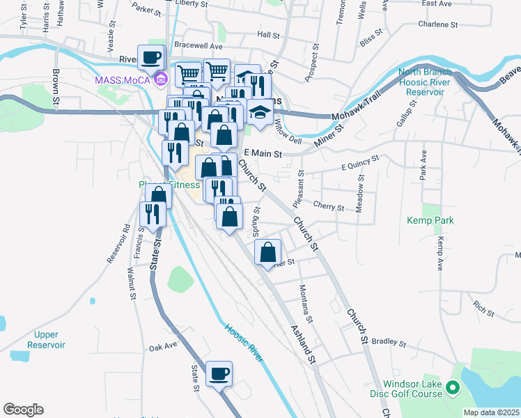 map of restaurants, bars, coffee shops, grocery stores, and more near 74 Chestnut Street in North Adams