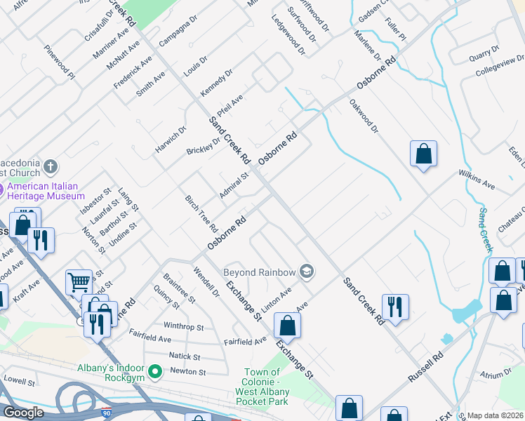 map of restaurants, bars, coffee shops, grocery stores, and more near 2 Linton Avenue in Albany