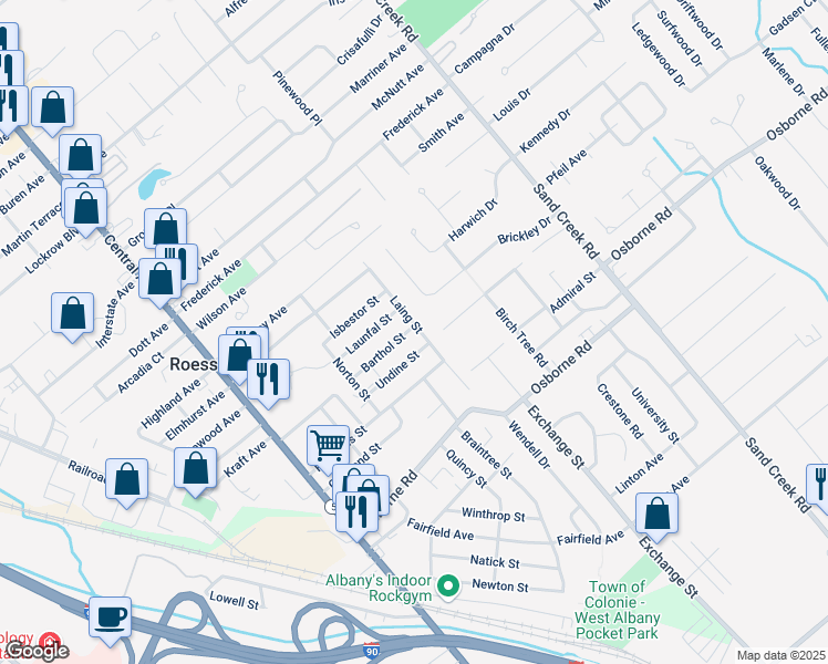 map of restaurants, bars, coffee shops, grocery stores, and more near 30 Barthol Street in Albany