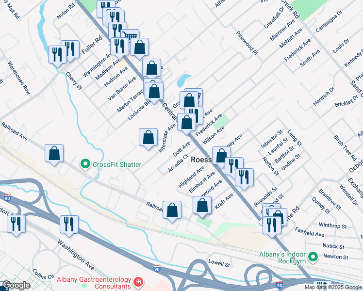 map of restaurants, bars, coffee shops, grocery stores, and more near 1230 Central Avenue in Albany