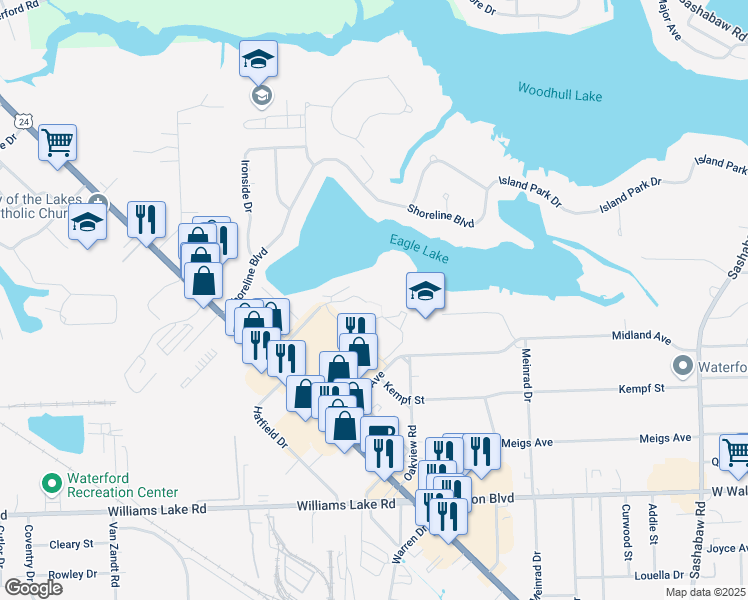 map of restaurants, bars, coffee shops, grocery stores, and more near 5076 Harbor Oak Drive in Waterford Township