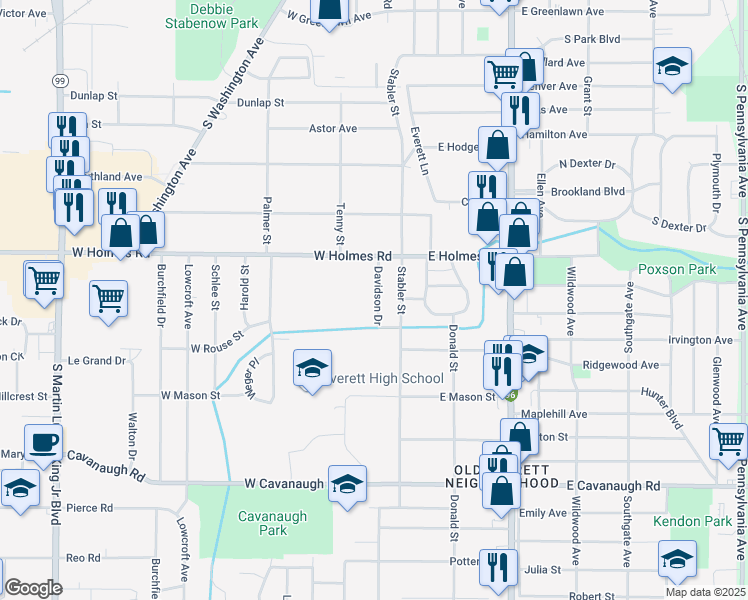map of restaurants, bars, coffee shops, grocery stores, and more near 3515 Davidson Drive in Lansing