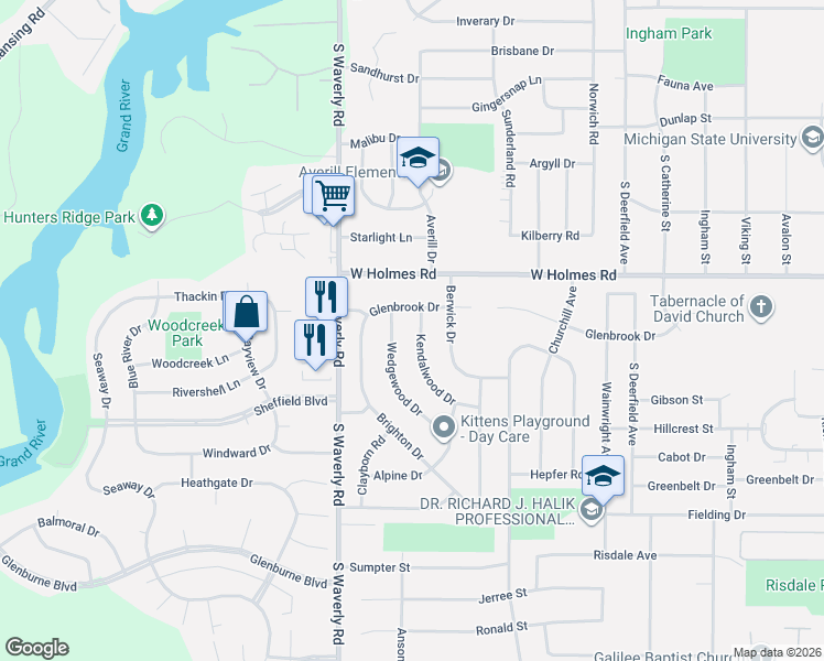 map of restaurants, bars, coffee shops, grocery stores, and more near 3520 Kendalwood Drive in Lansing
