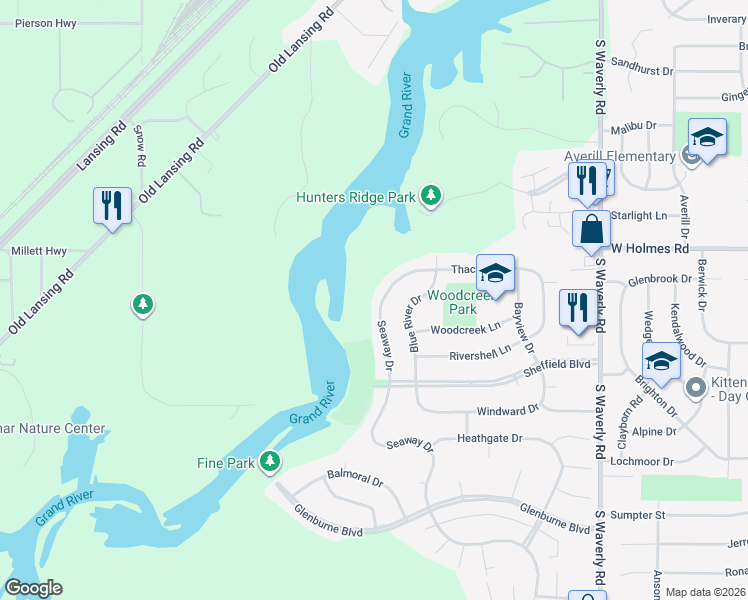 map of restaurants, bars, coffee shops, grocery stores, and more near 3616 Seaway Drive in Lansing