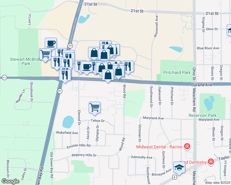 map of restaurants, bars, coffee shops, grocery stores, and more near 5543 Durand Avenue in Mount Pleasant
