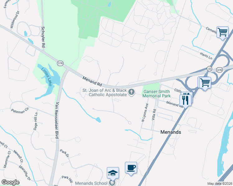 map of restaurants, bars, coffee shops, grocery stores, and more near 90 Menands Road in Menands