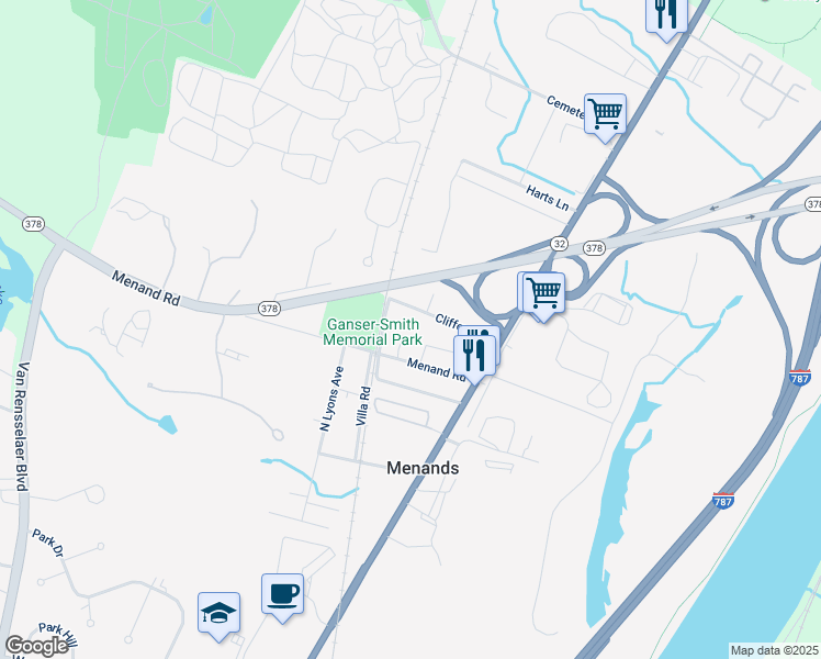 map of restaurants, bars, coffee shops, grocery stores, and more near 7 Cornell Drive in Menands
