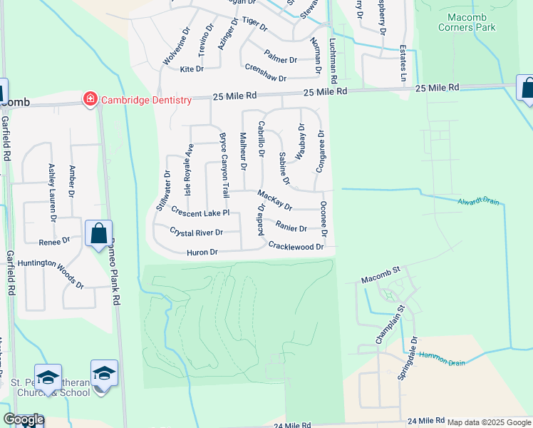 map of restaurants, bars, coffee shops, grocery stores, and more near 54301 Acadia Drive in Macomb
